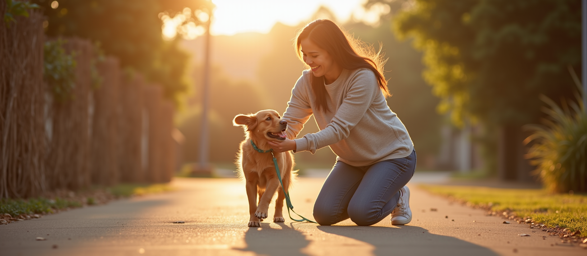 Happy woman petting her Golden Retriever dog