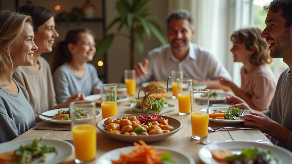Close-up view of a family dinner table with healthy food and smiling faces