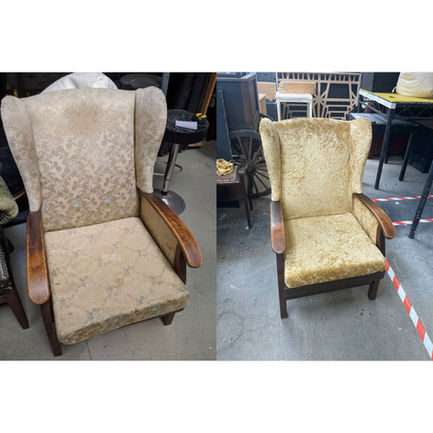 Before and After of reupholstering done by my SM and myself.