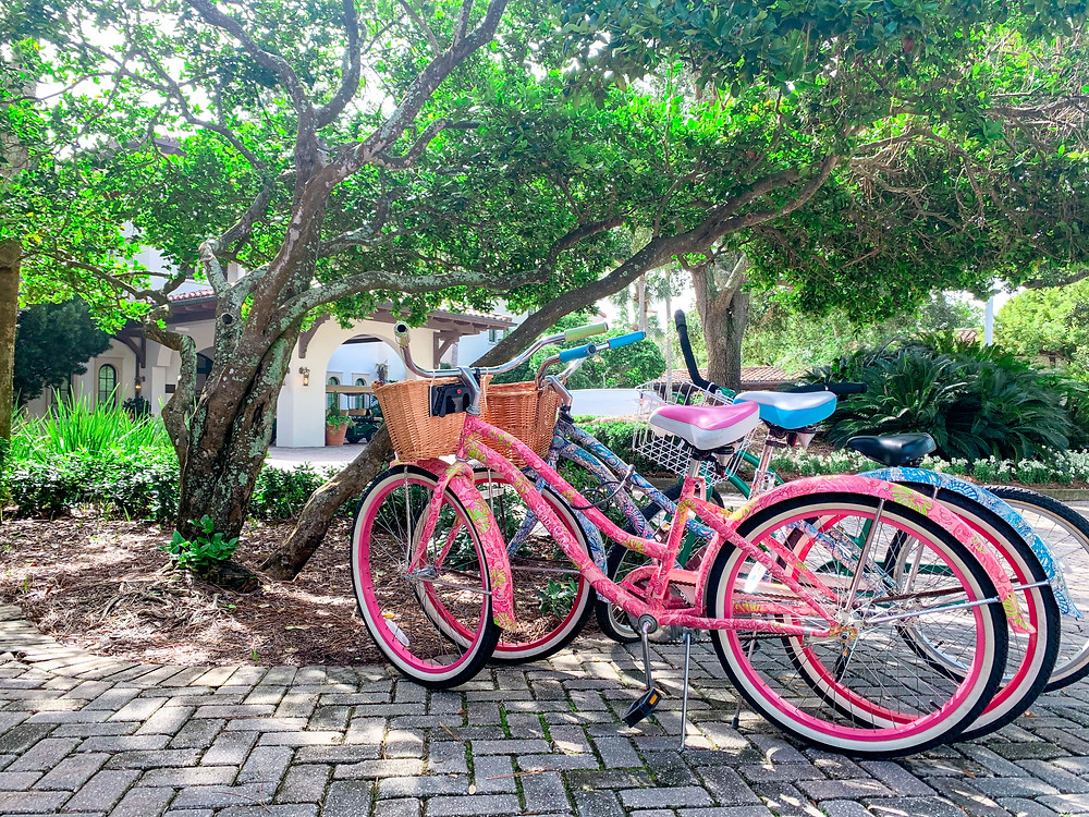Lilly Pulitzer limited edition cruiser bicycles outside Sea Island Beach Club
