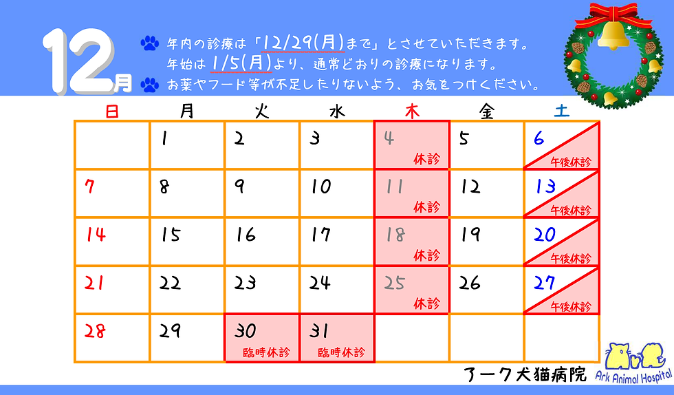 12月の診療日のお知らせです