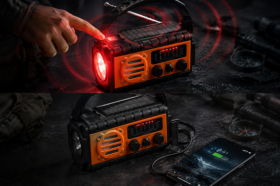 Thumbnail: USS StormReady Pro Emergency Weather Radio showing SOS alarm activation, USB-C phone charging, solar panel, flashlight, and e