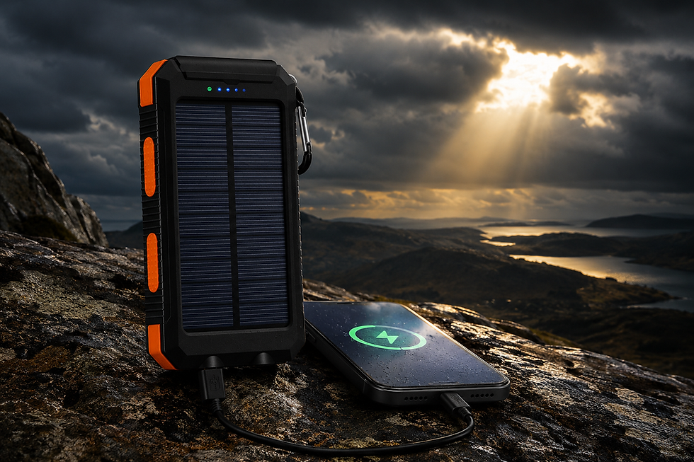 Rugged solar power bank charging a smartphone outdoors with solar energy for camping and emergency preparedness.