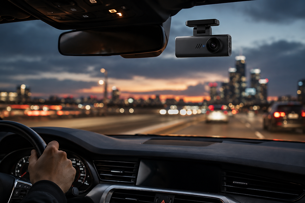 Urban Survivor 4K dash cam mounted on a car windshield recording traffic during an evening city drive.