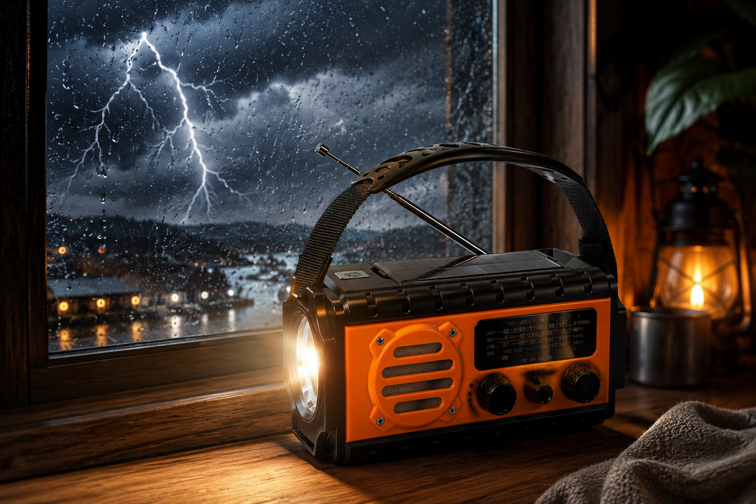 USS StormReady Pro Emergency Weather Radio on a windowsill during a thunderstorm, providing emergency lighting and NOAA weath