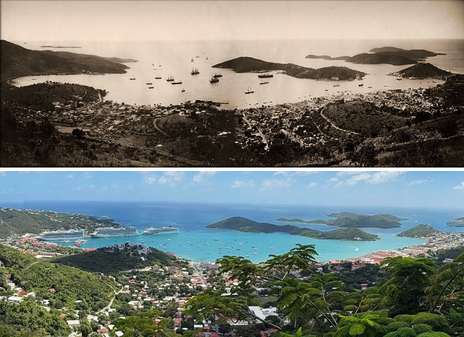 Then and now; Charlotte Amalie, St. Thomas USVI ca. 1870 (Caribbean photo archive) vs. today (Facebook/Harry Futral) with cruise ship row on the left.