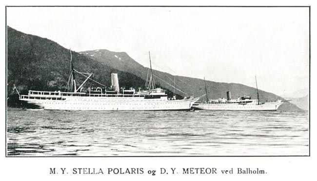 Stella Polaris meets her 'sister', the (formerly HAPAG-owned) Meteor at Balholm, Norway, postcard undated, SSMaritime.com