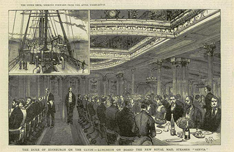 Luxury, 1880's style, on the Cunarder SS Servia - one of the first modern' ocean liners, Engraving, The Graphic 1881, Bridgeman Images