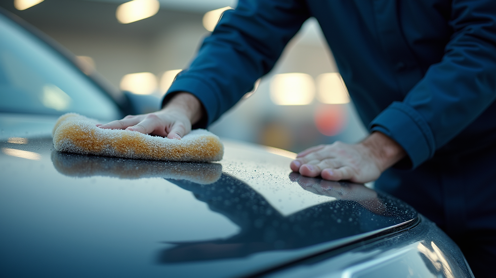 Close-up view of a technician polishing a car’s hood outdoors