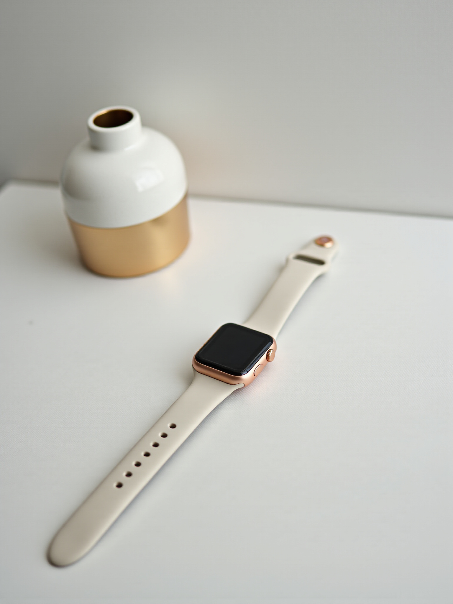 Apple Watch with rose gold face and white band at Globex Trust online store.