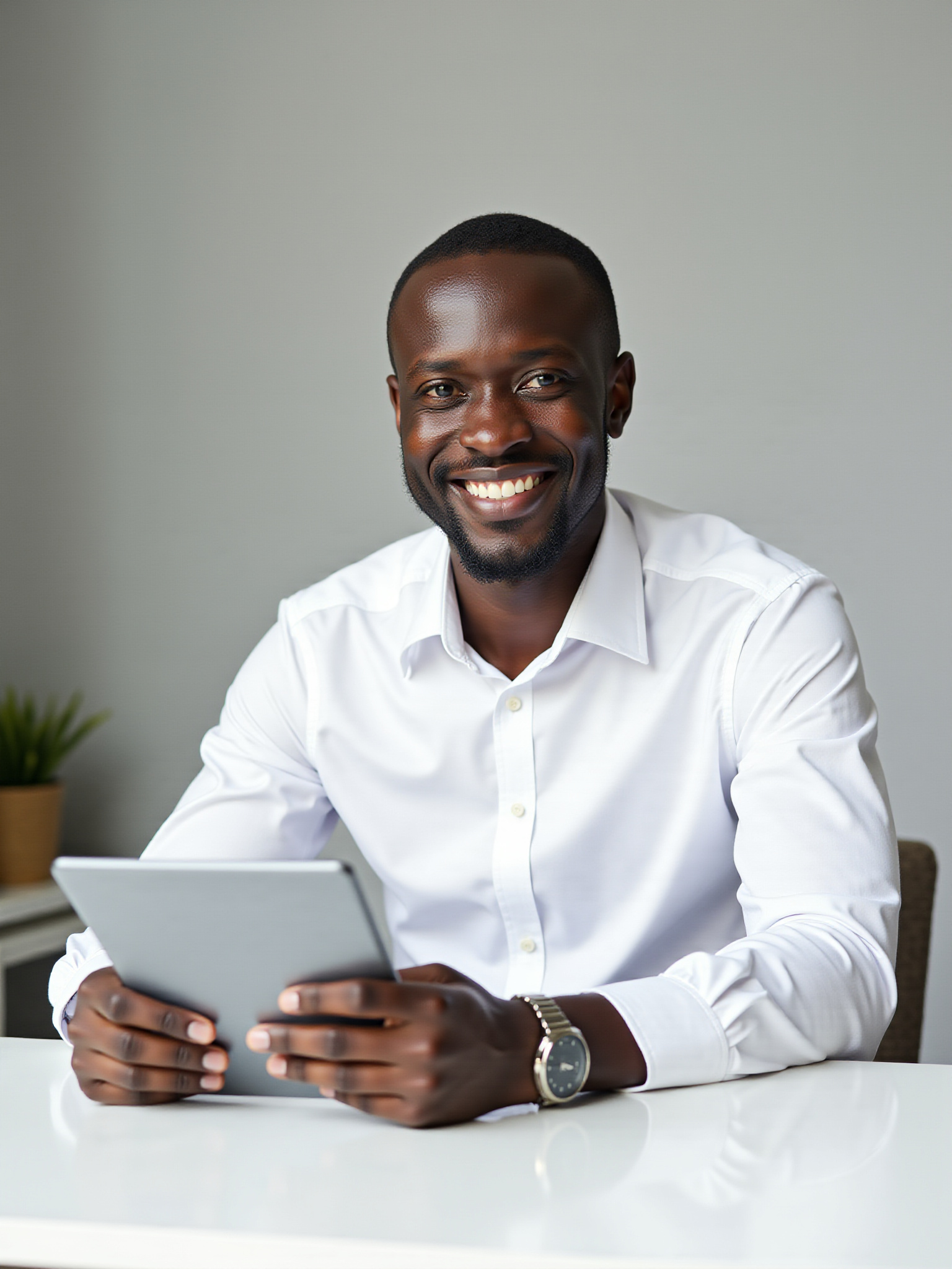 Smiling man holding a tablet