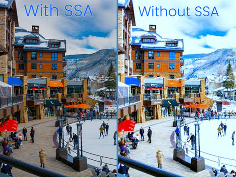 Comparison of images featuring "With SSA" and "Without SSA" ski resort setting.