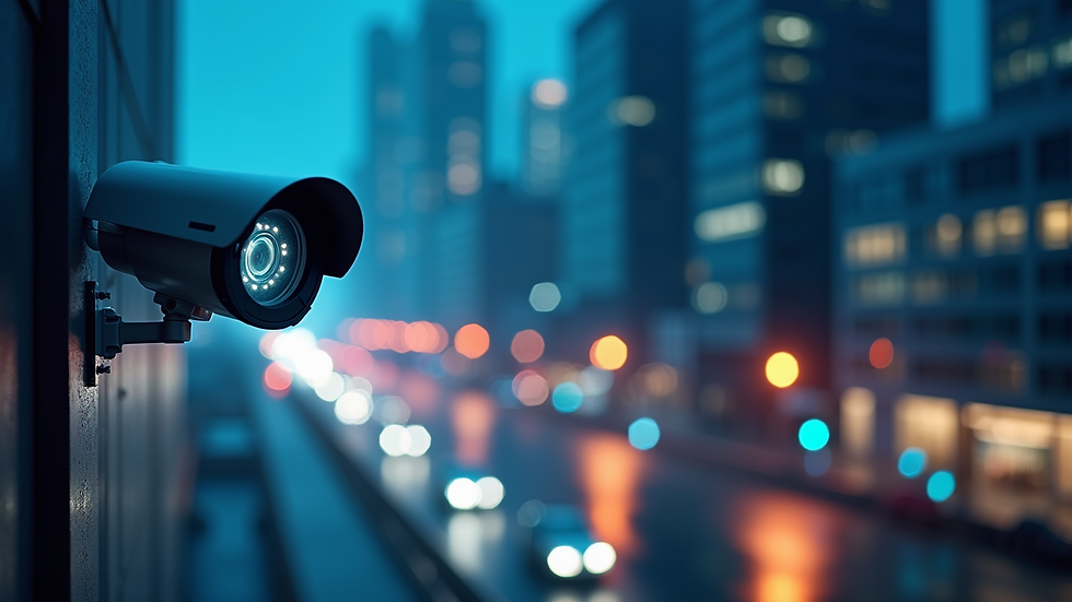 Close-up view of an AI-powered security camera mounted on a commercial building