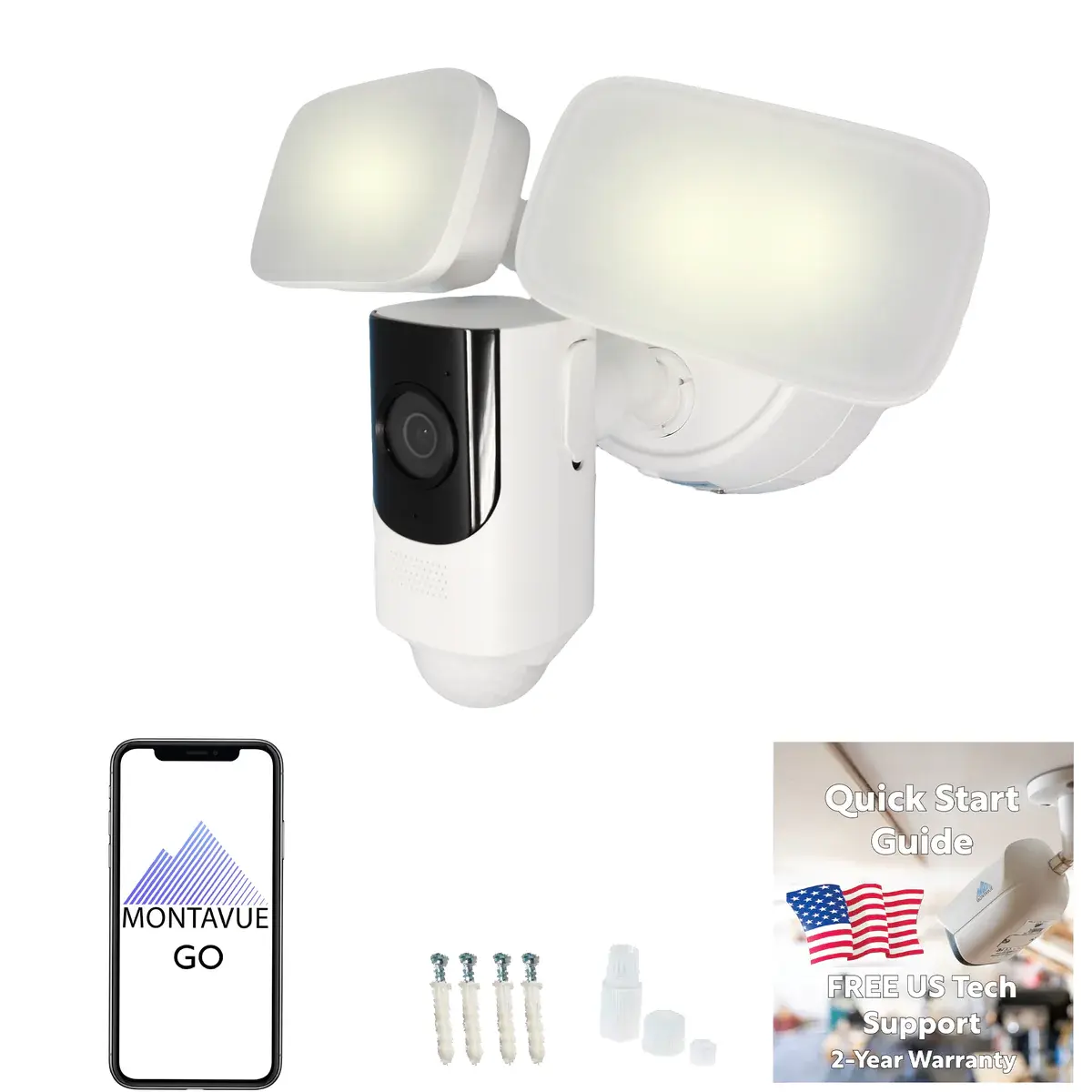 White floodlight camera with visible text: MONTANA GO. 4MP WiFi floodlight camera.