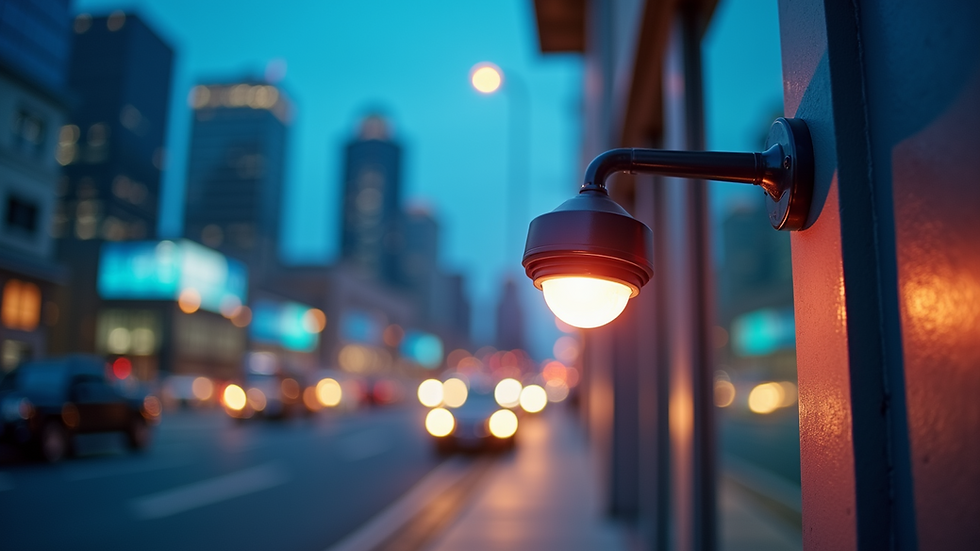 Eye-level view of a modern security camera mounted on a commercial building exterior