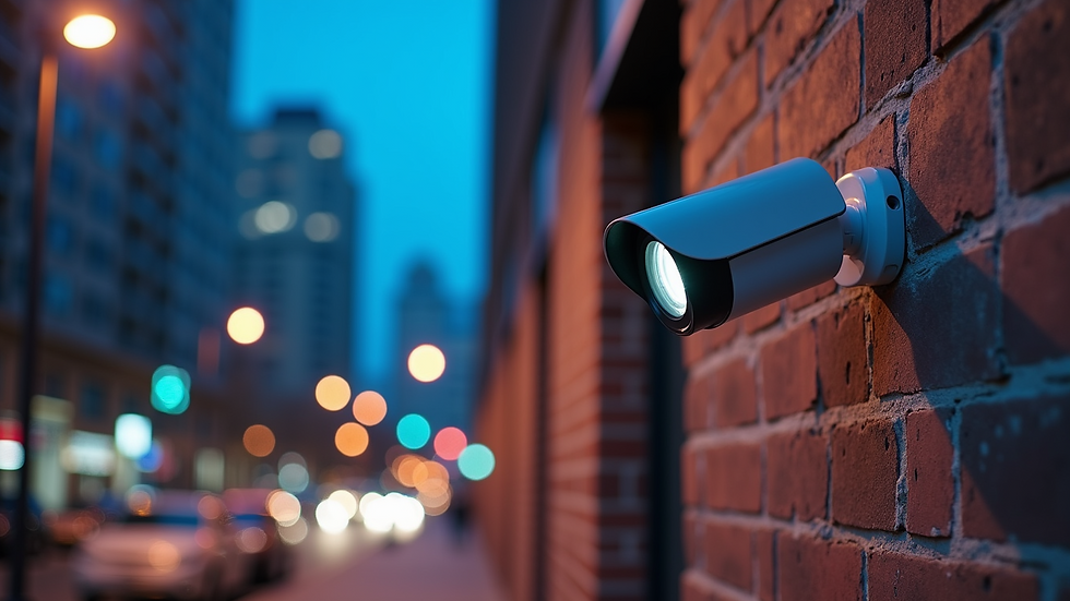 Eye-level view of a modern security camera mounted on a brick wall