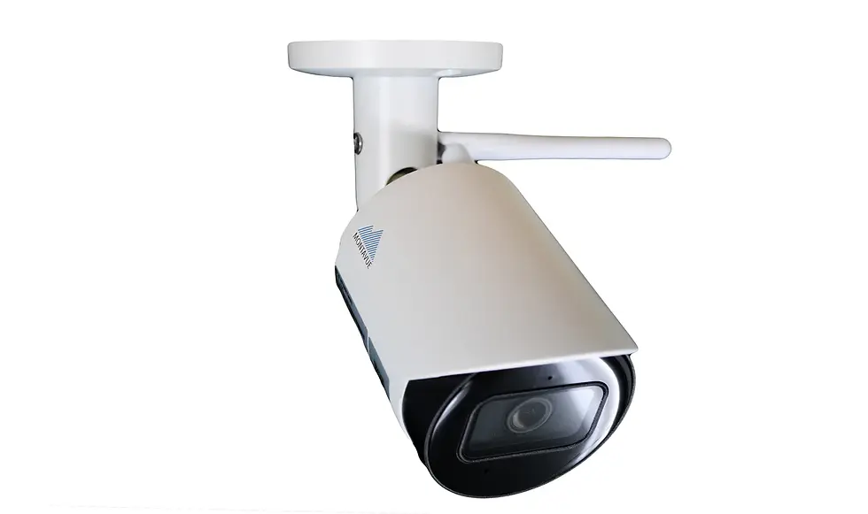Miniatura: White security camera close-up. OwlView Plus 4MP Wise-ISP 24/7 Full Color Bullet IP Security Camera with a 2.8mm. Pono Surveillance.