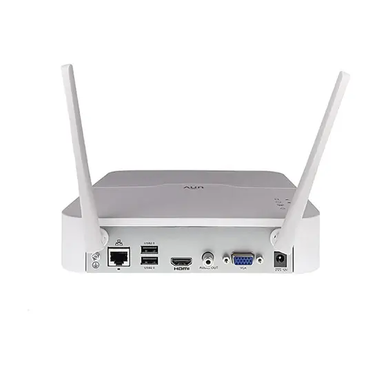 Thumbnail: White router with antennas and ports. UNV 4 x 4MP Vandal Dome IP Camera system.
