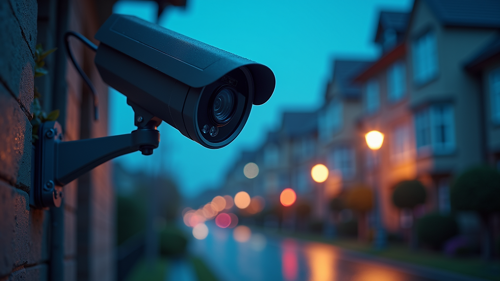 Close-up view of AI-powered security camera with night vision in a residential area