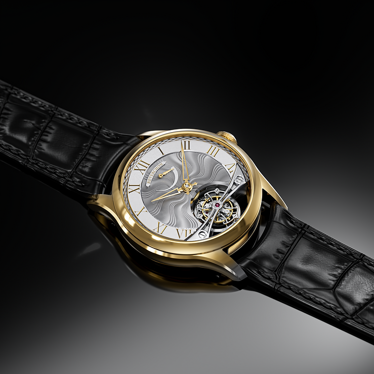 Montre en or, cadran complexe, bracelet cuir noir.