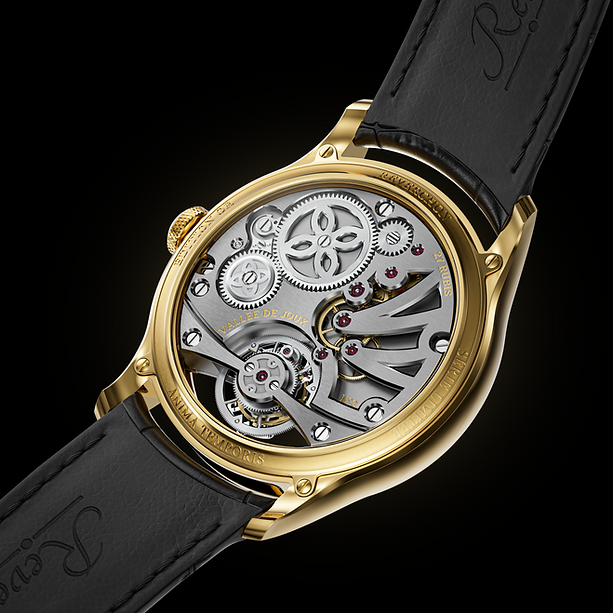 Dos de montre en or, mouvement mécanique détaillé