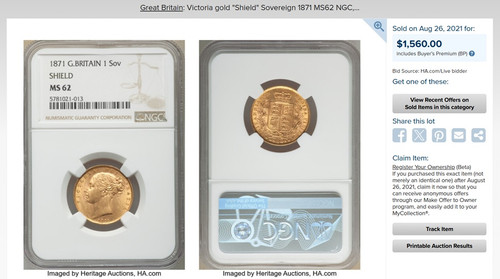 1871 イギリス ヴィクトリア女王 ソブリン金貨 PCGS MS62 1871年ヴィクトリア ソブリン金貨シールド【MS62