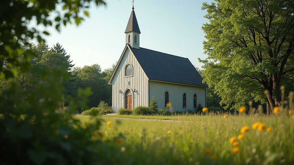 Eye-level view of the Open Arms Church building surrounded by greenery