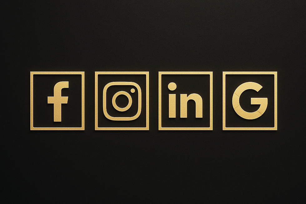 Gold social media logos of Facebook, Instagram, LinkedIn, and Google