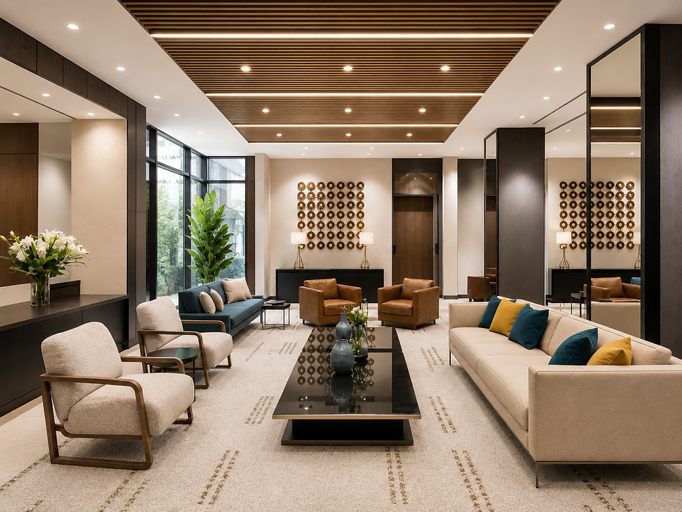 Robyn Studios Lobby - Slat ceiling and creamy white rug