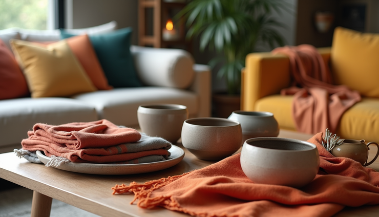 High angle view of a coffee table with travel-inspired textiles and ceramic bowls