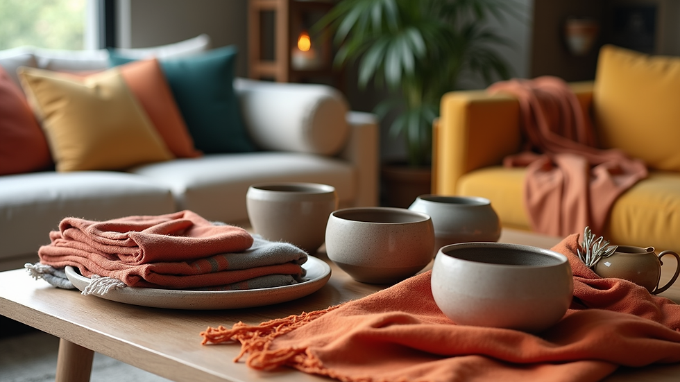 High angle view of a coffee table with travel-inspired textiles and ceramic bowls
