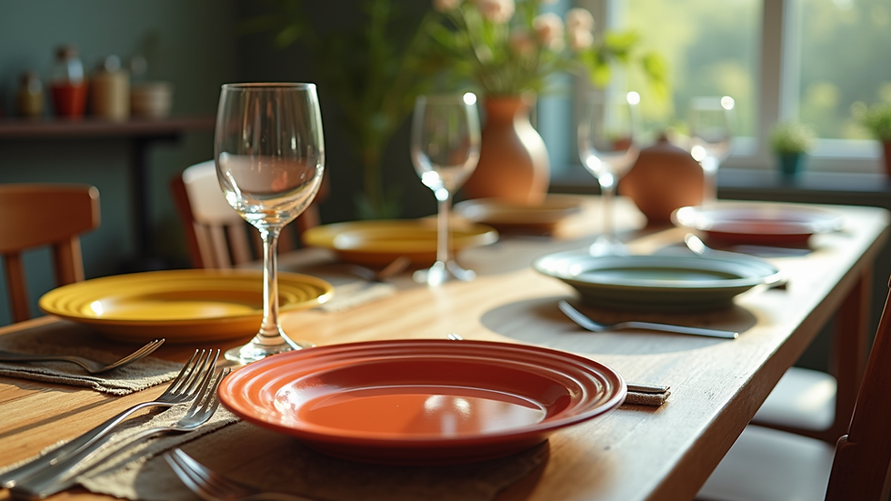 Vue en plongée d’une table dressée avec des plats colorés et originaux