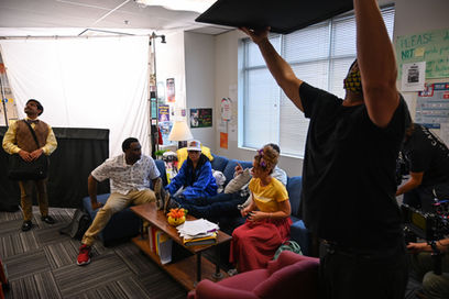 Actress walks through door of school set