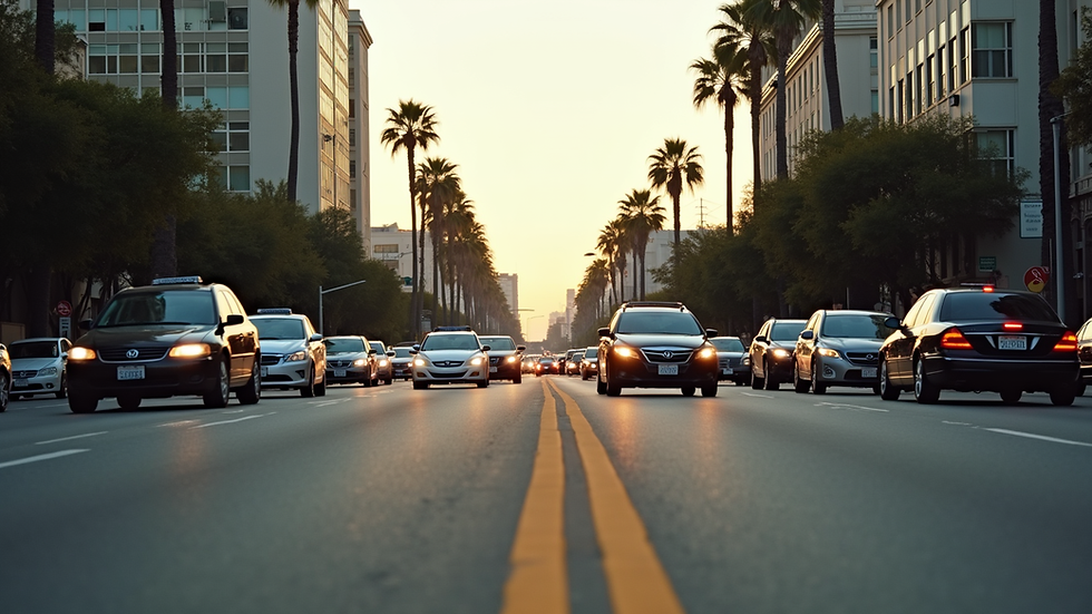 Eye-level view of a busy Los Angeles street with cars in traffic