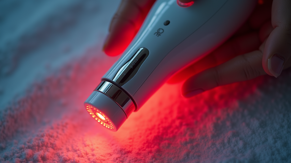 High angle view of a skincare device emitting red LED light