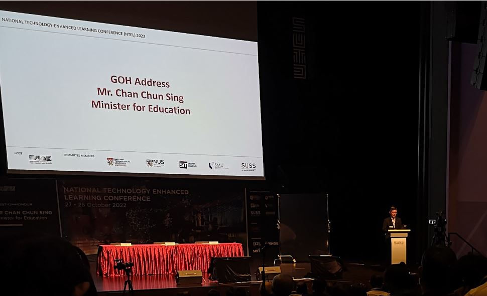 Singapore Education Minister giving his speech at NTEL 2022