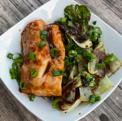 Miso Salmon with Crispy Garlic Bok Choy and Brown Rice