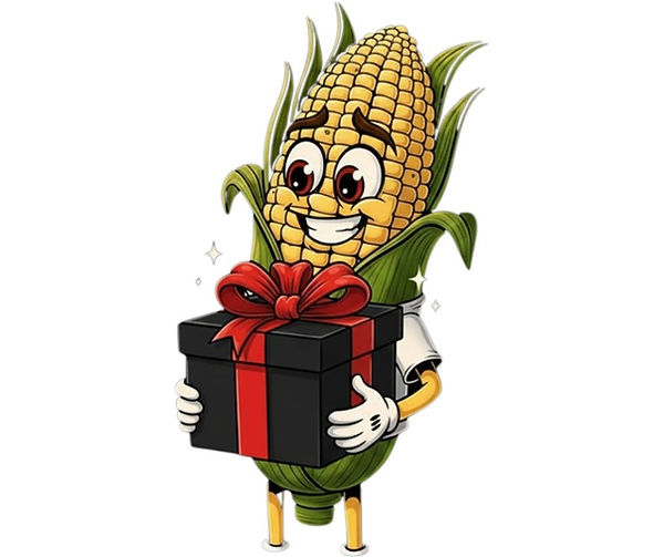 Corncob mascot holding gift