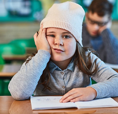 Tired, student and portrait of bored kid in classroom for education, learning and lazy. Ch