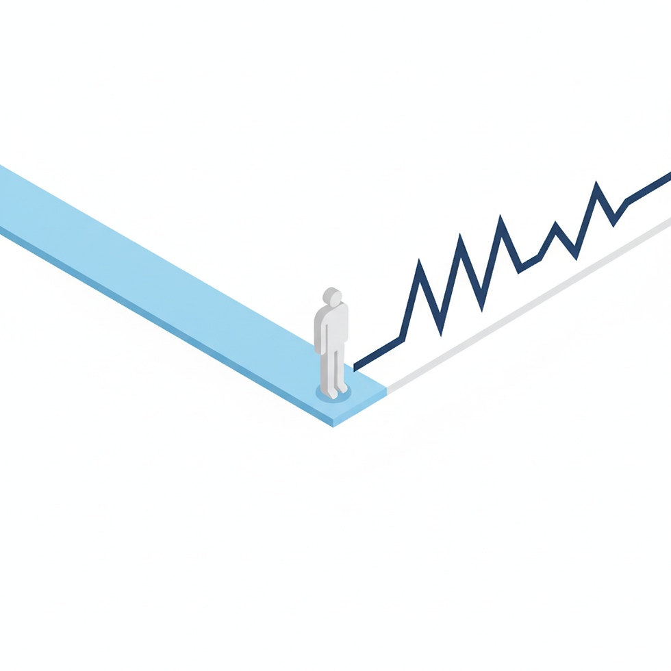 Isometrische Illustration einer Person, die vor zwei Wegen steht (stabil vs. volatil). Symbolisch für Unsicherheit im Ruhestand. Minimalistisch, klare Formen, helle Farben.