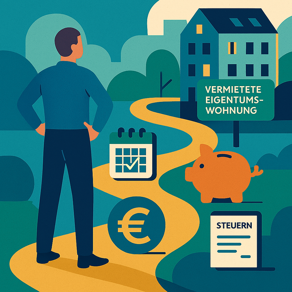 Person steht auf einem gewundenen Weg zu einem Haus mit dem Schild ‚VERMIETETE EIGENTUMSWOHNUNG‘. Um die Szene herum befinden sich Symbole: ein Kalender, ein Sparschwein, ein Euro-Zeichen und ein Dokument mit der Aufschrift ‚STEUERN