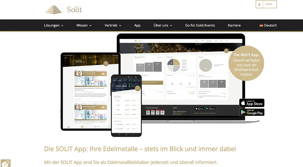 Werbegrafik für die SOLIT App zur Edelmetallverwaltung auf verschiedenen Geräten, mit App-Download-Buttons und dem Slogan „Ihre Edelmetalle – stets im Blick und immer dabei