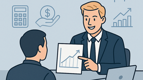 „Illustration eines männlichen Finanzberaters mit blonden Haaren, der einem Kunden eine Wachstumsstrategie erklärt. Im Hintergrund sind Symbole für die sieben Wertkomponenten der Finanzberatung zu sehen – von Asset-Allokation bis Verhaltenscoaching. Die Szene vermittelt Vertrauen, Struktur und Professionalität.“