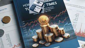 Ein Stapel von Münzen mit einem Bitcoin-Symbol darauf liegt auf einem Buch mit dem Titel 'How to Invest Smartly in Turbulent Times'. Das Buch hat ein blaues Cover und zeigt im Hintergrund Diagramme und Aktienkurse. Auf dem Buch liegt eine Visitenkarte von 'Koehler Finance'. Um das Buch herum sind verschiedene Münzen, ein Stift, eine Uhr und Finanzdokumente verteilt