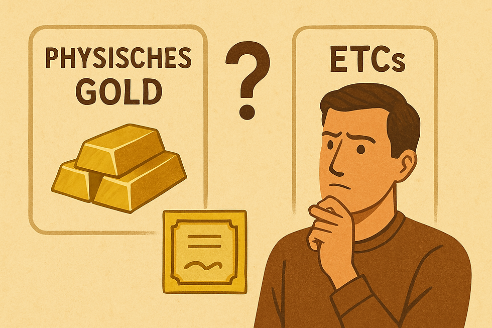 llustration eines Mannes vor zwei Wegen: links ein schwerer Goldbarren, rechts ein digitales Wertpapier (ETC) auf einem Smartphone – symbolisiert die Entscheidung zwischen physischem Gold und börsengehandelten Goldanlagen