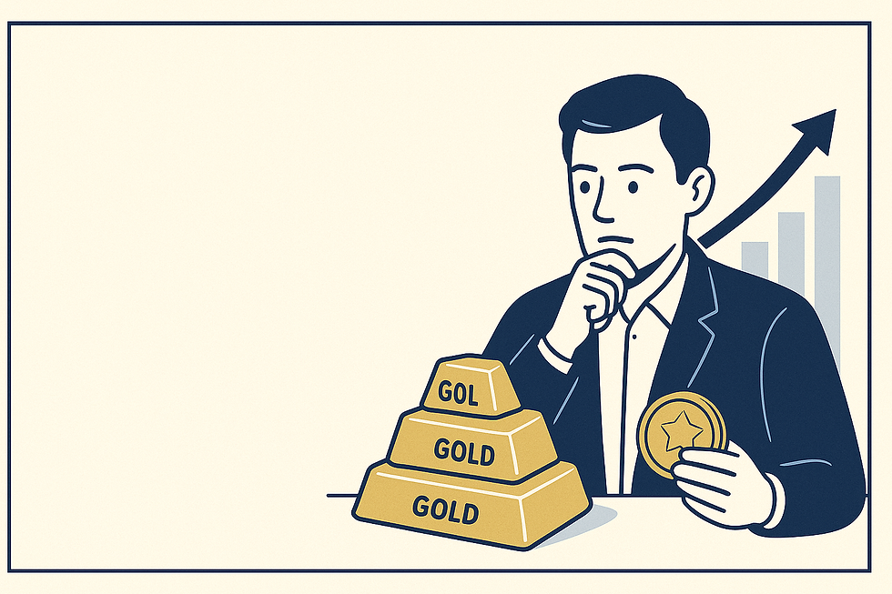 Eine Person im Anzug hält eine Goldmünze und sitzt neben drei gestapelten Goldbarren mit der Aufschrift „GOLD“. Im Hintergrund zeigen ein Pfeil und ein Balkendiagramm nach oben und symbolisieren Wachstum. Das Gesicht der Person ist unscharf.