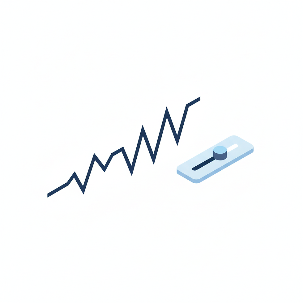 ETF-Kurve, die sich flexibel nach oben und unten bewegt; daneben ein kleiner Regler oder Schieberegler als Symbol für Anpassung. Minimalistisch, isometrisch.
