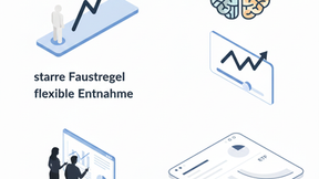 Illustration, die einen Vergleich zwischen einer starren Faustregel und einer flexiblen Entnahme darstellt. Ein stilisierter Mensch steht an einer Trennlinie. Links von ihm erstreckt sich ein glatter, hellblauer Pfad mit der Beschriftung "starre Faustregel". Rechts von ihm beginnt ein dunkelblauer, stark gezackter, nach oben gerichteter Kurvenverlauf, der mit "flexible Entnahme" beschriftet ist. Der gezackte Verlauf symbolisiert wahrscheinlich Wachstum oder volatile Performance.