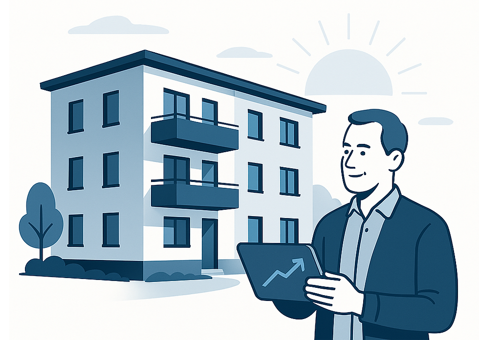 Ein professionelles, minimalistisch gestaltetes Bild zum Thema 'Vermögensaufbau mit vermieteten Eigentumswohnungen', im Stil der Website koehler-finance.de: Ein modernes, gepflegtes Mehrfamilienhaus in ruhiger Umgebung, mit klaren Linien und dezenten Farben (Blau, Grau, Weiß). Eine Person mittleren Alters steht entspannt mit einem Tablet vor dem Gebäude, auf dem ein leicht steigendes Diagramm zu sehen ist. Im Hintergrund ein stilisierter Sonnenaufgang als Symbol für langfristiges Wachstum. Stil: modern, minimalistisch, vertrauensvoll, mit viel Weißraum und ohne übertriebene Symbolik.