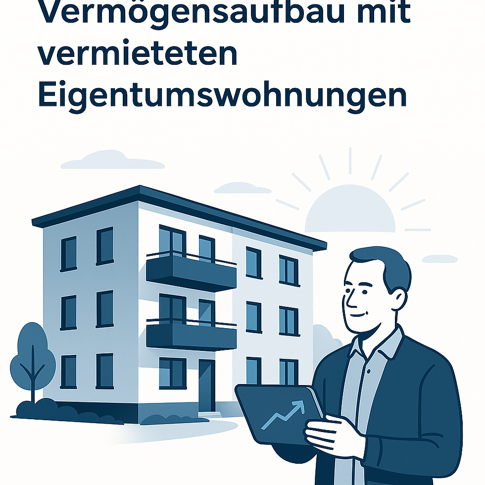 Ein professionelles, minimalistisch gestaltetes Bild zum Thema 'Vermögensaufbau mit vermieteten Eigentumswohnungen', im Stil der Website koehler-finance.de: Ein modernes, gepflegtes Mehrfamilienhaus in ruhiger Umgebung, mit klaren Linien und dezenten Farben (Blau, Grau, Weiß). Eine Person mittleren Alters steht entspannt mit einem Tablet vor dem Gebäude, auf dem ein leicht steigendes Diagramm zu sehen ist. Im Hintergrund ein stilisierter Sonnenaufgang als Symbol für langfristiges Wachstum. Stil: modern, minimalistisch, vertrauensvoll, mit viel Weißraum und ohne übertriebene Symbolik.